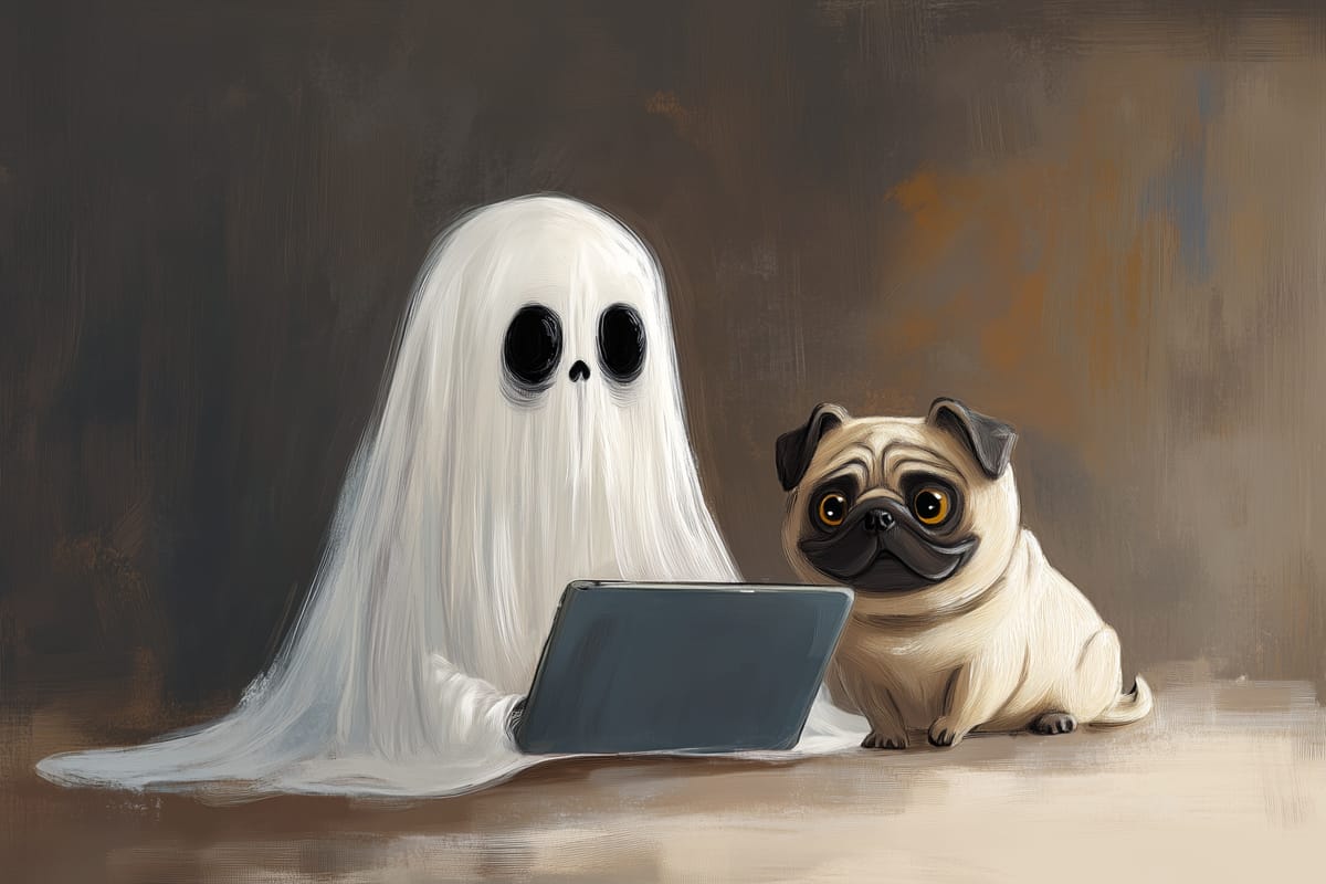A ghost and a pug enjoying the social web together.